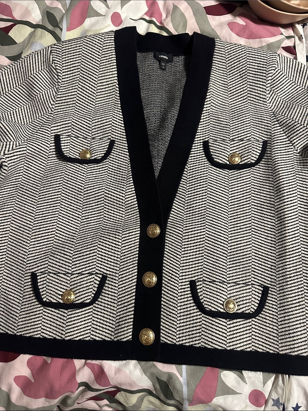 Express Black and White Herringbone Cardigan with Gold Buttons